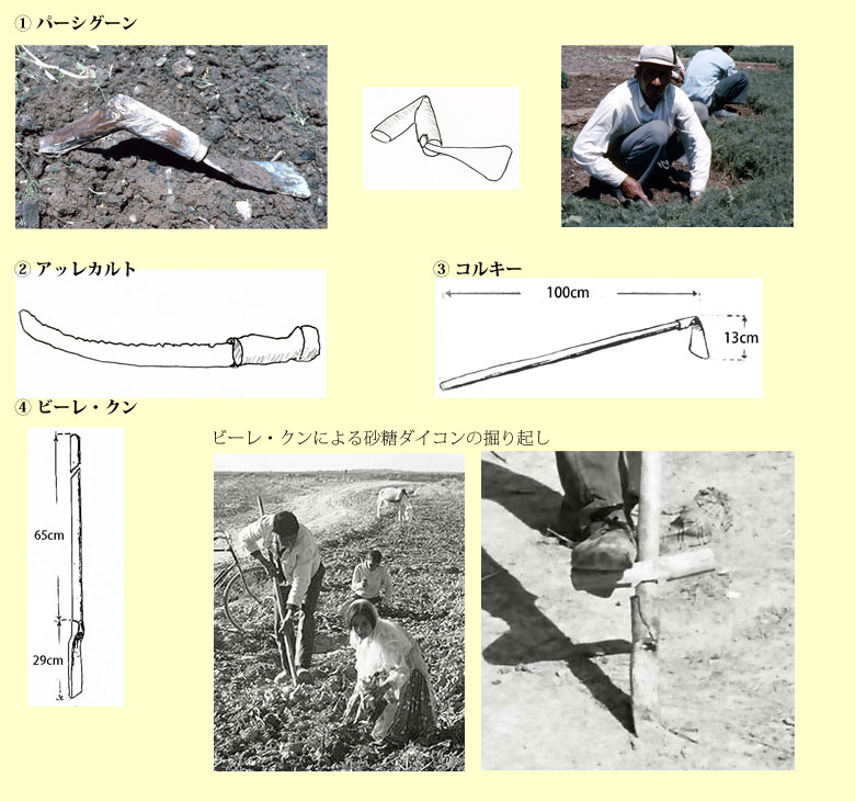 野菜・工芸作物の収穫用農具の図