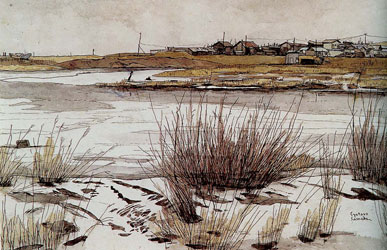 川沿いの町1990年240×360ミリ水彩